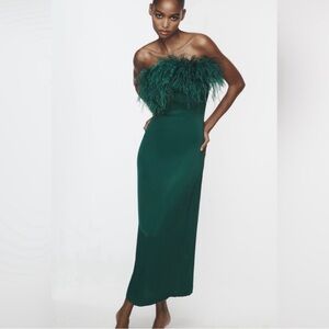 Zara Strapless Feather-Trim Dark Green Maxi Dress